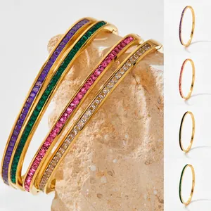 Minimalist Stainless Steel Bangle With Rectangular Colorful Cubic Zirconia Hinge Clasp For Women Retro Elegant Jewelry