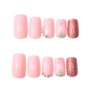 Pink French V-line press-on nails set with rhinestones and pink glitter mid-square tips