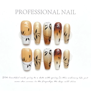 Handmade Press On Nails New Chinese Style Gradient Gold Glitter Black Leaf Pattern Coffin Shape Elegant Manicure