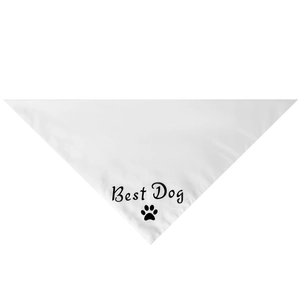 Close-up of white pet bandana featuring Best Dog text and paw print graphics