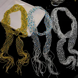 Sparkling crystal beaded mesh scarf necklace with long tassels for elegant fashion women