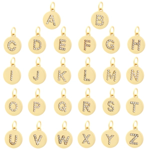 Set of 26 round gold pendants with A-Z zircon alphabet initials for DIY jewelry making