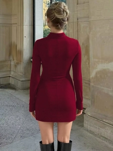 Slim fit burgundy long sleeve dress with stand collar and textured knit fabric