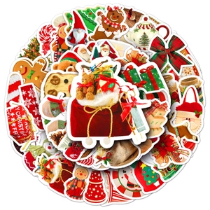Close-up of waterproof Christmas stickers with Santa and gingerbread man designs