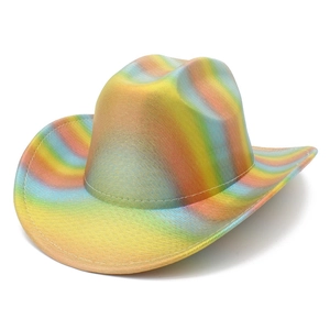 Detailed macro view of vibrant rainbow gradient western cowboy hat with reinforced stitching