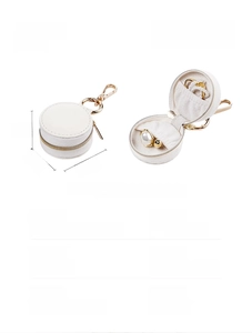 Mini round PU leather jewelry case with carabiner, showing 5x5x3cm dimensions and interior