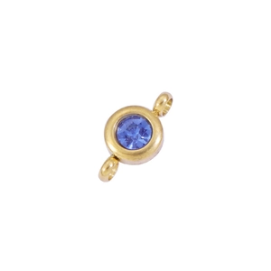 Detail of 6.5mm blue round birthstone connector in gold-plated stainless steel for DIY jewelry