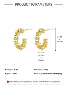 Detailed view of gold C-shape twisted rope earrings with precise size measurements