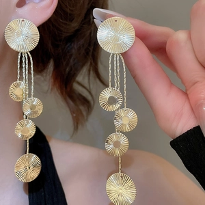 Elegant Long Drop Dangle Earrings With 925 Sterling Silver Earring Post Sunburst Textured Circles Multi Layer Fashion For Women