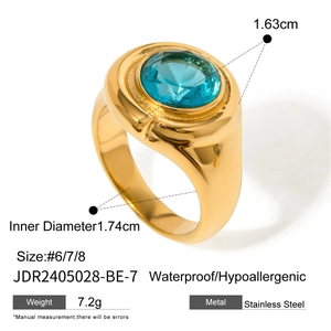 Detailed view of gold stainless steel ring with large blue zircon and size specifications