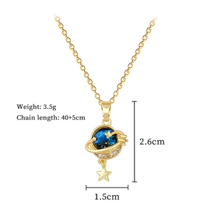 Detailed view of galaxy planet pendant with technical size and weight specifications