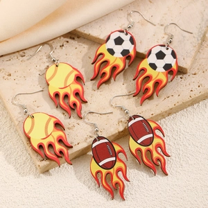 Détails de boucles d'oreilles sport en acrylique avec motifs ballon et flamme vintage