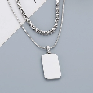 Double-layered silver stainless steel necklace with snake chain and square military tag