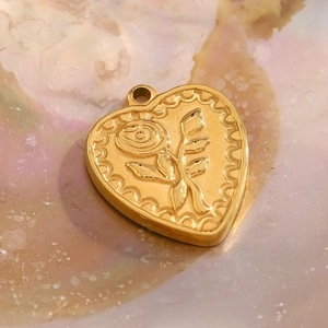 18K gold plated heart pendant with embossed rose detail on iridescent background