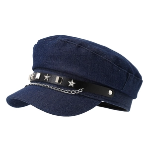 Japanese retro navy military cap in blue denim with silver star rivets and chain strap