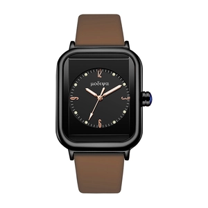 Detail of square quartz watch with black case, brown strap and blue gemstone crown