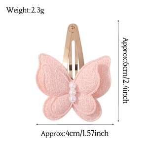 Detail view of pink lace butterfly hair clip with pearls and precise dimensions