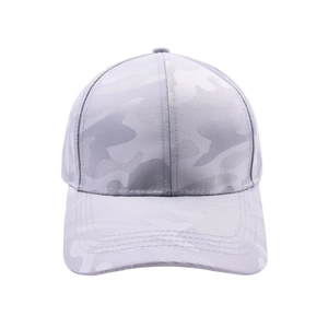 Macro shot of grey urban camouflage baseball cap showing stitching detail and twill fabric