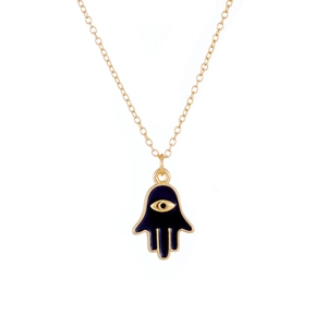 Detailed close-up of a 18K gold-plated Hamsa Hand pendant with black enamel evil eye detail
