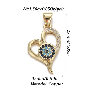 Detailed view of evil eye heart pendant with dimensions and copper material specs