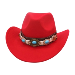 Macro detail of red wool felt cowboy hat with leather braided band and turquoise beads