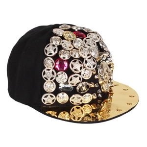 Punk hip-hop baseball cap with gold brim, leopard studs and rhinestones detail