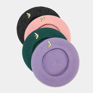 Chic wool beret hats with banana embroidery in dark gray pink green and purple