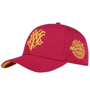 Burgundy baseball cap with gold Wolf-Man embroidery from a 45-degree angle view