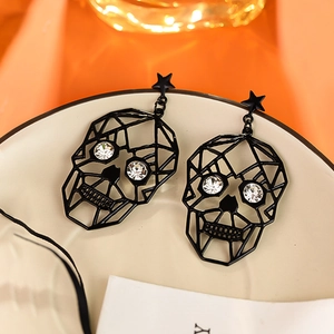Punk style black hollow skull earrings with white rhinestones and star stud decoration