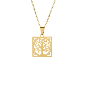 Collier en acier inoxydable doré avec pendentif carré arbre de vie sur fond blanc