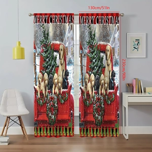 Detail view of red Christmas truck puppy curtains showing 130x230cm size specs