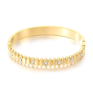 Elegant 18K gold plated stainless steel oval bangle with white cubic zirconia stones