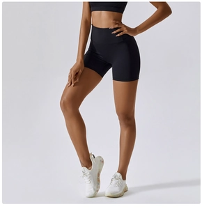 Close-up of black high-waisted yoga shorts with elastic compression for fitness