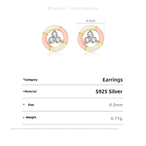Technical view of S925 silver 6.5mm stud earrings with pink enamel and zircons