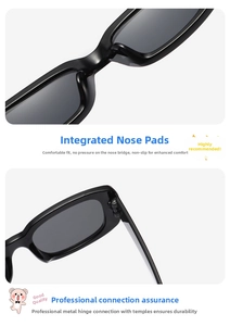 Detail of integrated nose pads and sturdy metal hinges on black rectangular sunglasses