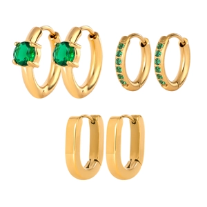 3-pair set of gold stainless steel earrings with green zircon and minimalist U-shaped hoops
