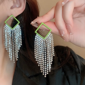 Elegant silver tassel earrings with green square rhinestones and geometric hollow diamond shape