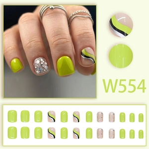 Short square light green press-on nails with silver glitter and wave patterns, 24pcs set