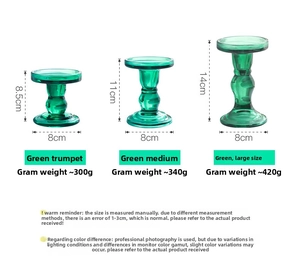 Detailed size chart for green glass candle holders in small, medium, and large heights