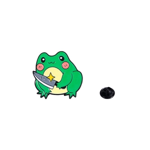 Cute green frog cartoon enamel pin badge with small knife for backpacks and clothing