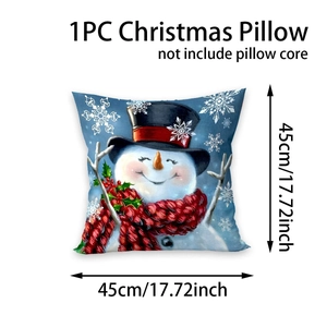 Detail of Christmas snowman pillow cover featuring a blue background and dimension info