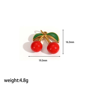Detailed size view of red enamel cherry pendant with measurements 19.3mm x 16.3mm