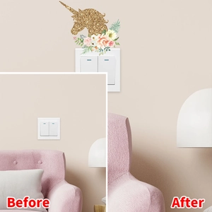Unicorn wall sticker comparison showing before and after home decor transformation