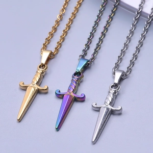 Detailed view of sword pendants in gold, rainbow, and silver finishes on chains