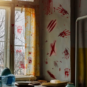 Detailed view of bloody handprint and scratch stickers for spooky Halloween wall decor