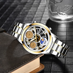 Detail view of LIANDU luxury watch featuring skeleton dial and moon phase on leather surface