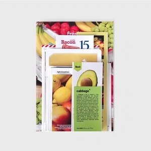 Creative food stickers set featuring realistic bacon and cabbage with nutritional facts