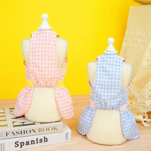 Plaid pet dress for small dogs and cats in pink and blue checkers on white mannequins