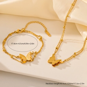 Detail view of gold butterfly double-layer jewelry set with precise length measurements