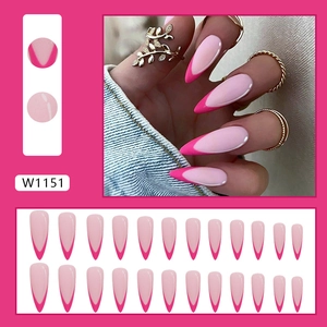 Long stiletto press-on nails featuring rose red French tips and minimalist pink base